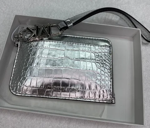 MICHAEL KORS, medium card holder on wrist strap, textured silver