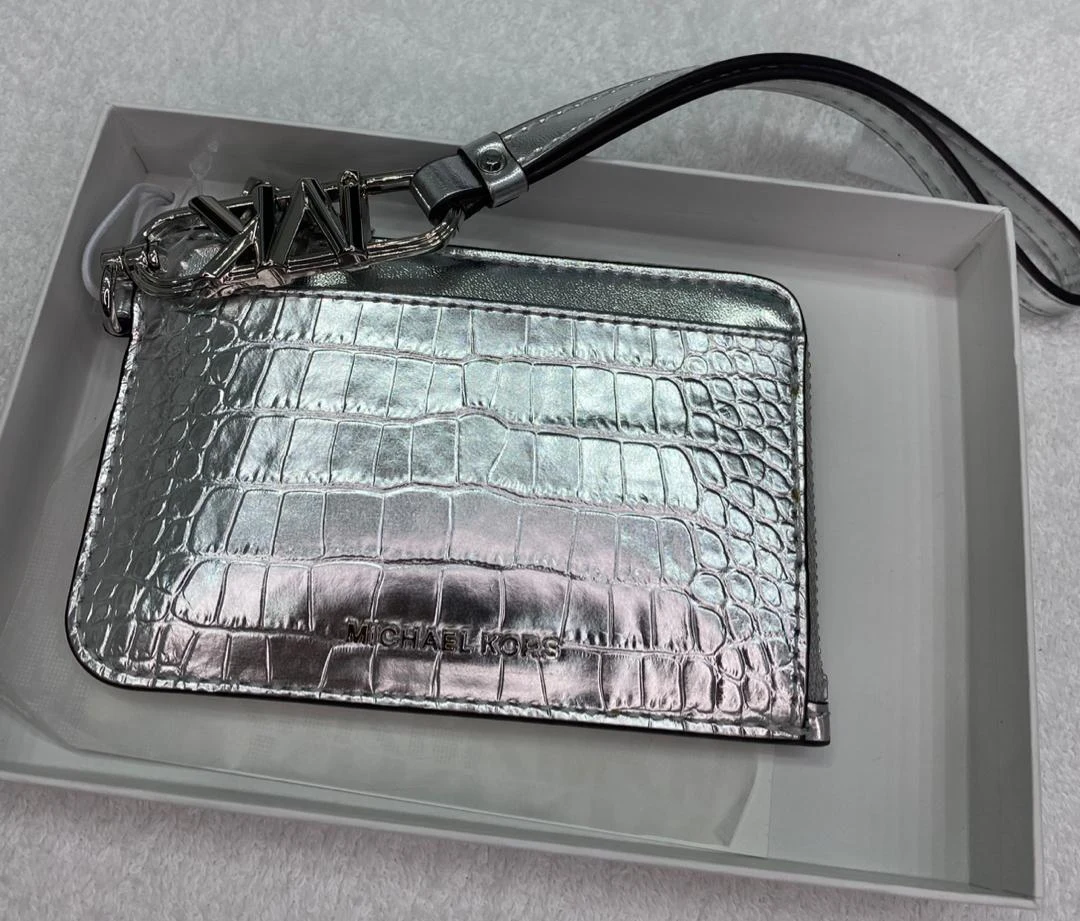 MICHAEL KORS, medium card holder on wrist strap, textured silver