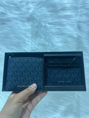 MICHAEL KORS, for men, set of bifold wallet and small card holder, boxed, signature print blue
