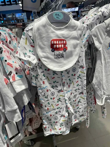 PRIMARK, for kids baby, short sleeves romper with matching bib, London white