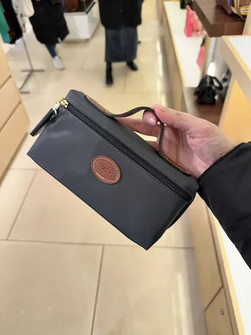 LONGCHAMP, top handle pouch, no long strap, graphite dark grey