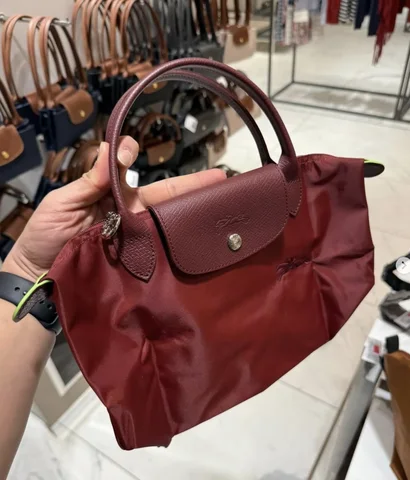 LONGCHAMP, le pliage green, small top handle, no long strap, nylon, burgandy