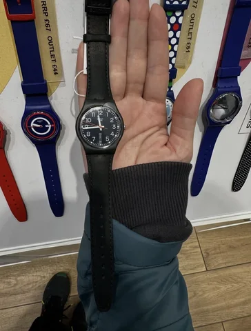 SWATCH, medium watch with day and date, leather strap, black