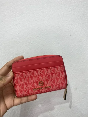 MICHAEL KORS, for ladies, small zip around card holder, signature print, sangria red