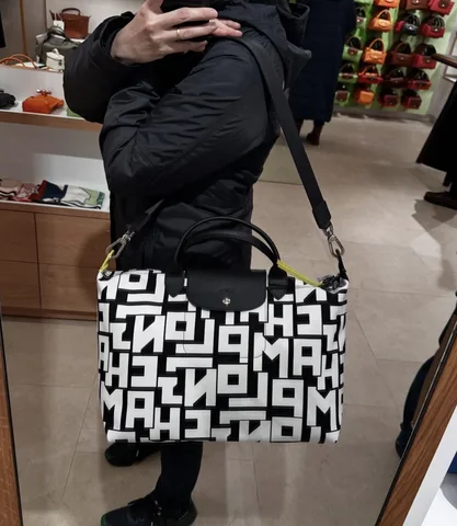 LONGCHAMP, lgp, Large top handle bag, with long strap, nylon black white