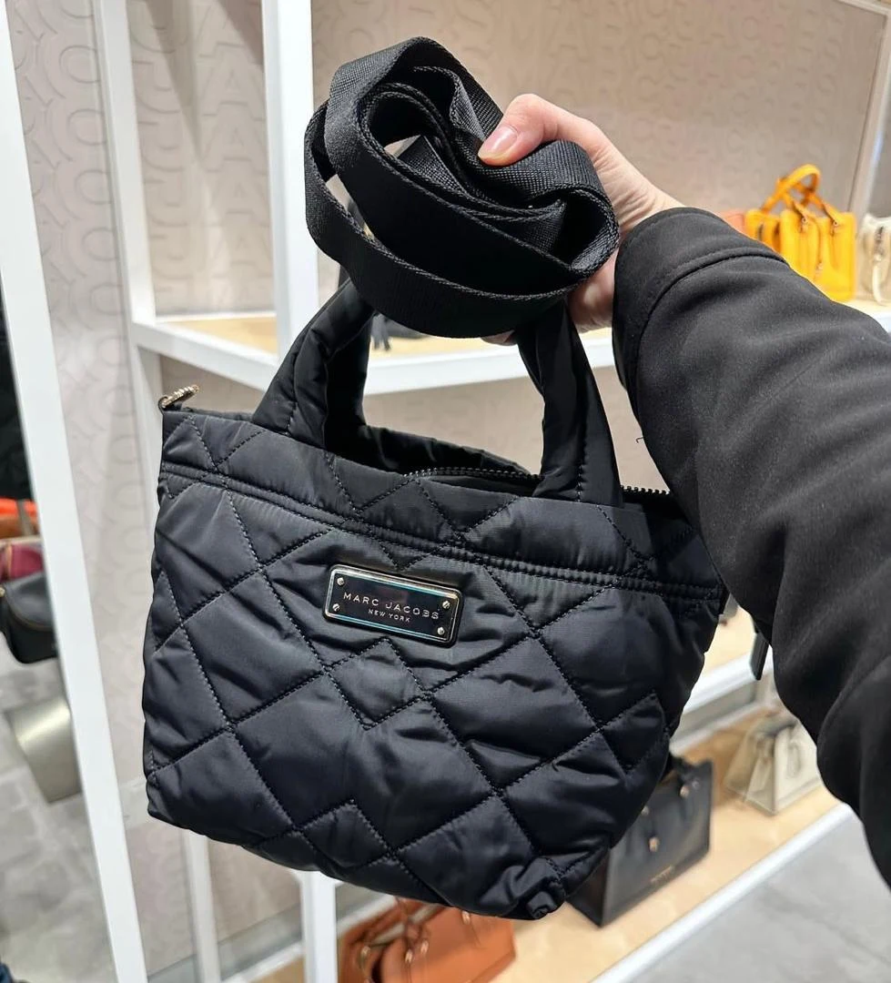 MARC JACOBS, small tote bag with long strap, quilted nylon, black