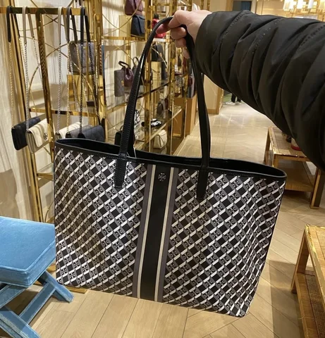TORY BURCH, geo logo tote with stripe, no long strap, black
