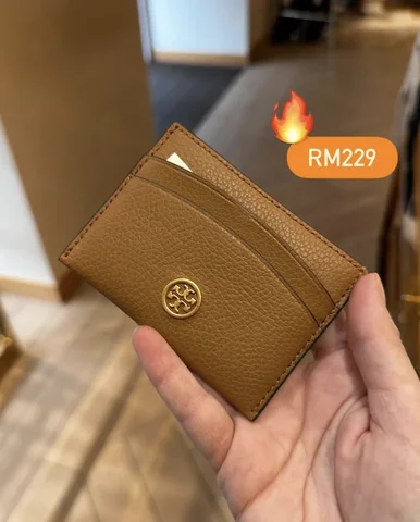 TORY BURCH, robinson, small card holder, pebbled leather tiger’s eye brown
