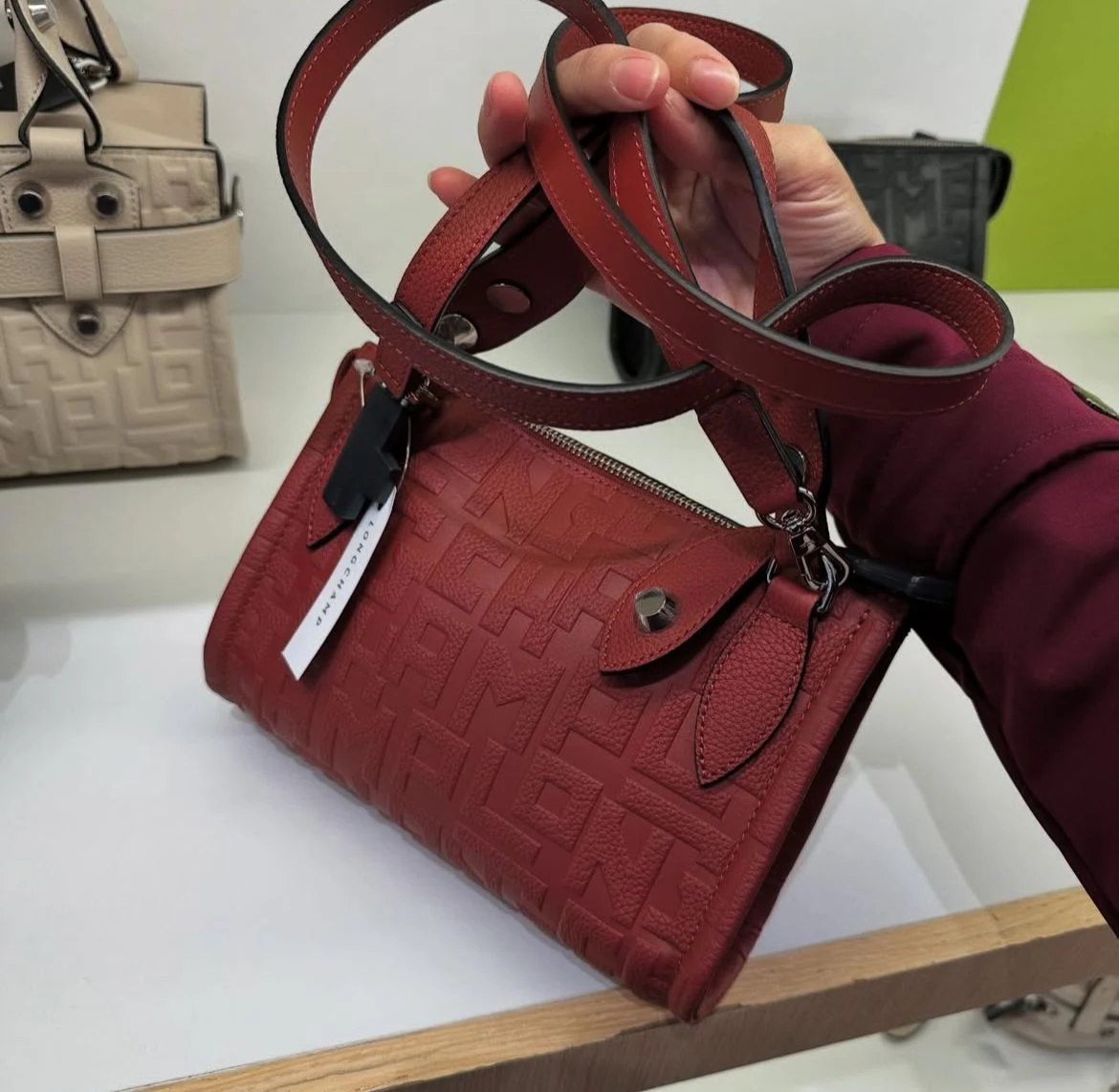 LONGCHAMP, XS top handle crossbody bag, embossed leather, dark red