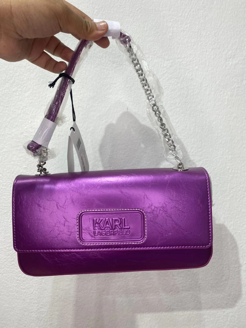 KARL LAGERFELD, for ladies, east west flap shoulder bag, metallic pink