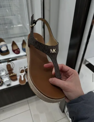 MICHAEL KORS for ladies, laney, wedges espadrille sandal, signature print brown, size: US6, US6.5