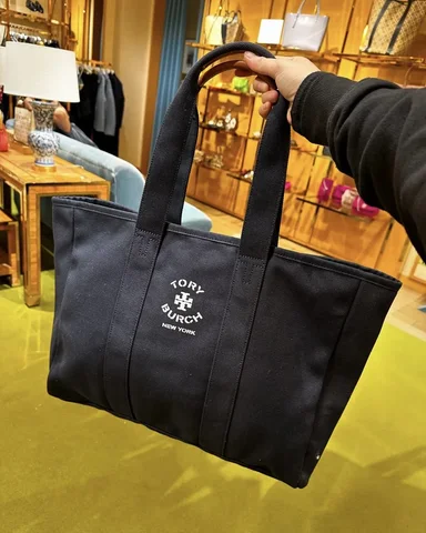 TORY BURCH, large open top tote bag, no long strap, canvas, navy