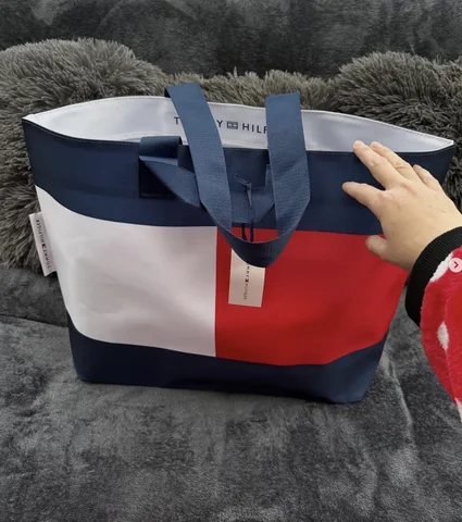 TOMMY HILFIGER, XL open top tote bag, material recyled plastic bottle, color block navy red white