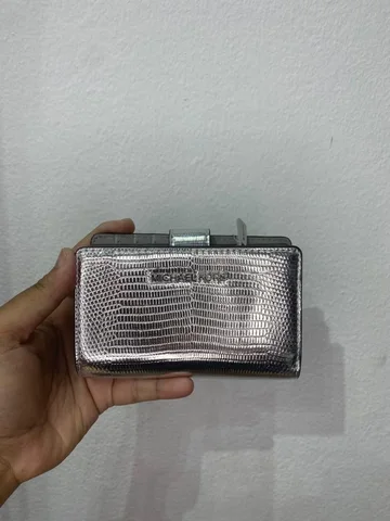 MICHAEL KORS, for ladies, bifold compact wallet, textured faux leather, metallic silver