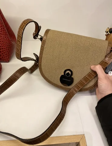 LONGCHAMP, saddle crossbody bag, leather trimming, fabric brown