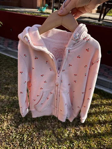 NEXT, for kids girls, front zip sweater, printed cherry pink 4-5 yrs
