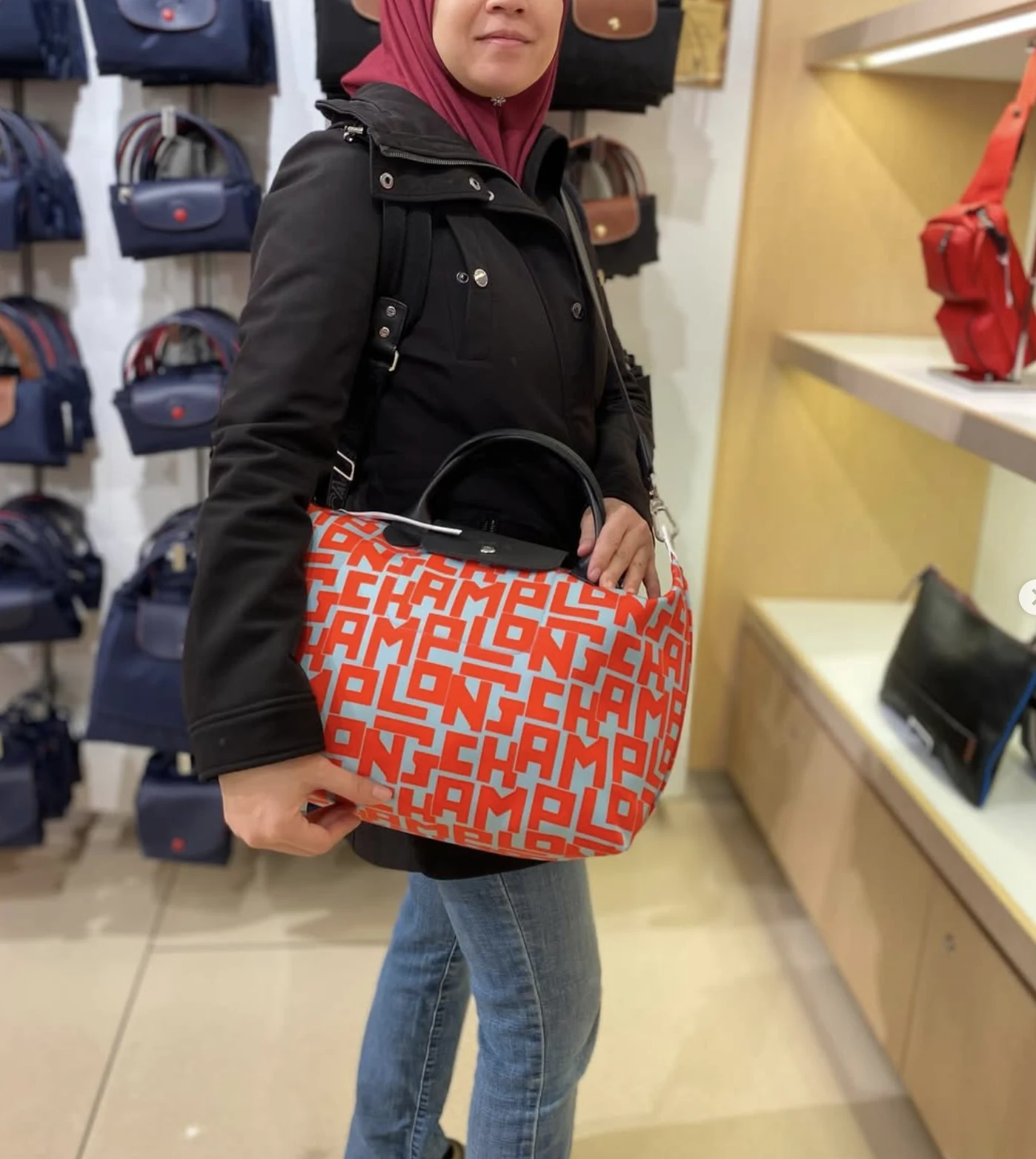 LONGCHAMP, lgp, medium top handle bag, with long strap, nylon, blue orange