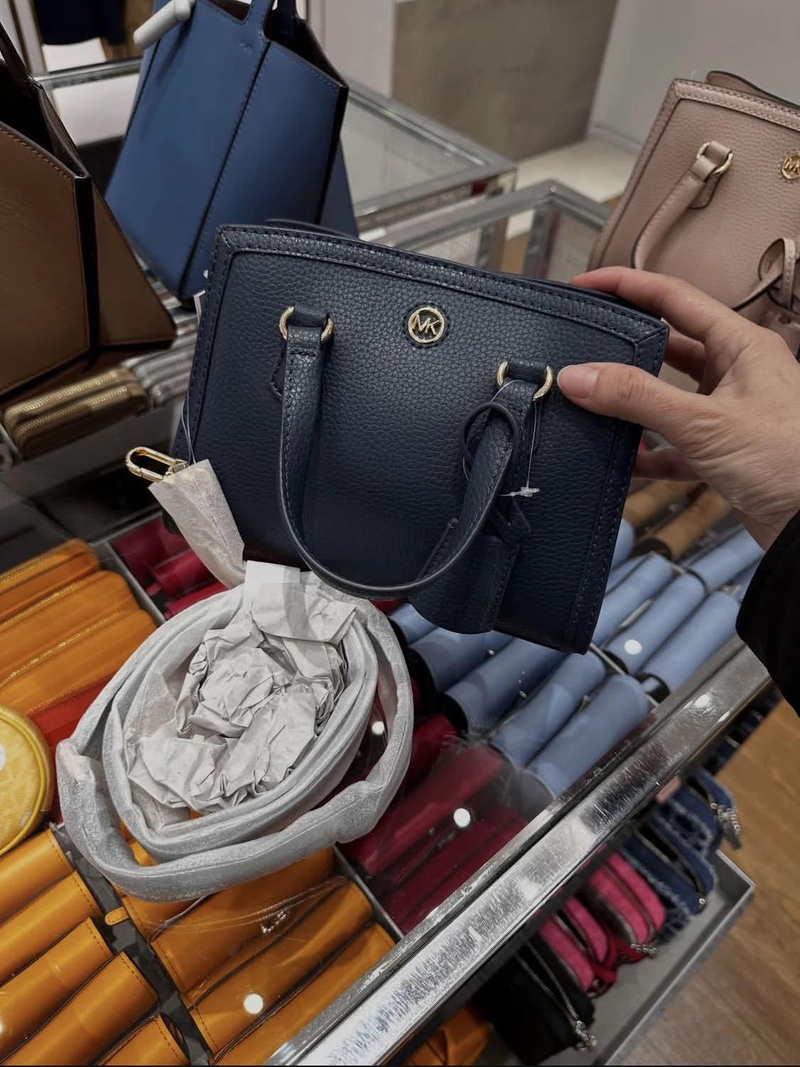 MICHAEL KORS, for ladies, top handle grab bag, with long strap, pebbled leather, navy