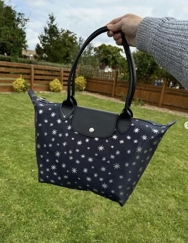 LONGCHAMP, medium long handle bag, no long strap, embroidered stars, fabric, navy