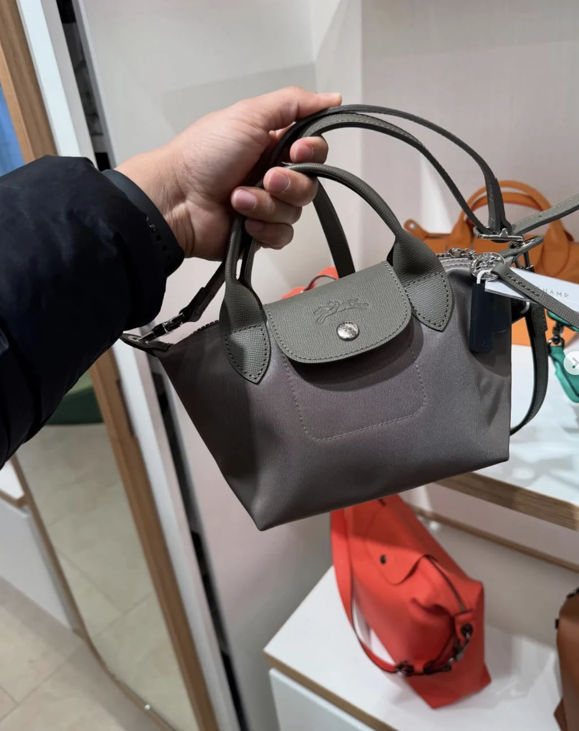 LONGCHAMP, neo, extra small top handle bag, with long strap, taupe