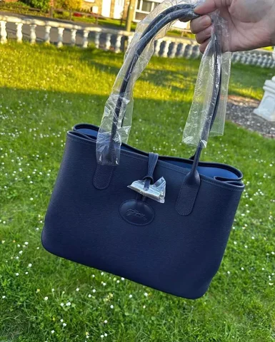 LONGCHAMP, roseau, small long handle open top tote bag, leather, navy