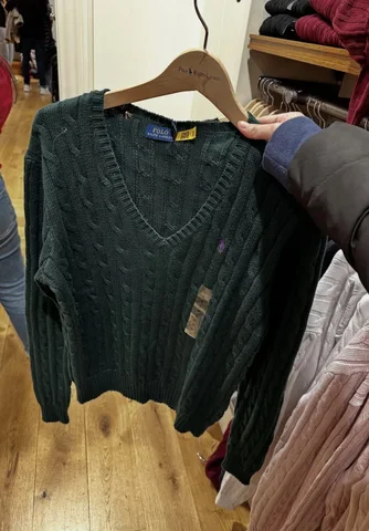 POLO RALPH LAUREN, for ladies, v neck cable knitted jumper, green
